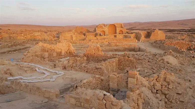 The central part of the town of Shivta with its southern church in the center.