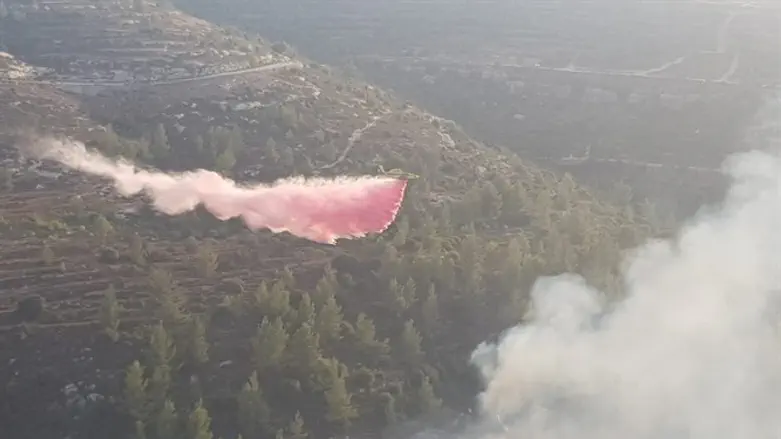 מטוס מסייע לכיבוי השריפה בין הר גילה לעין יעל